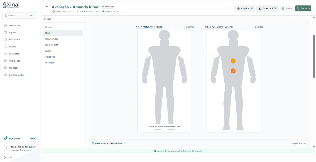 Body Chart do KINAI com marcação de dor na escala EVA